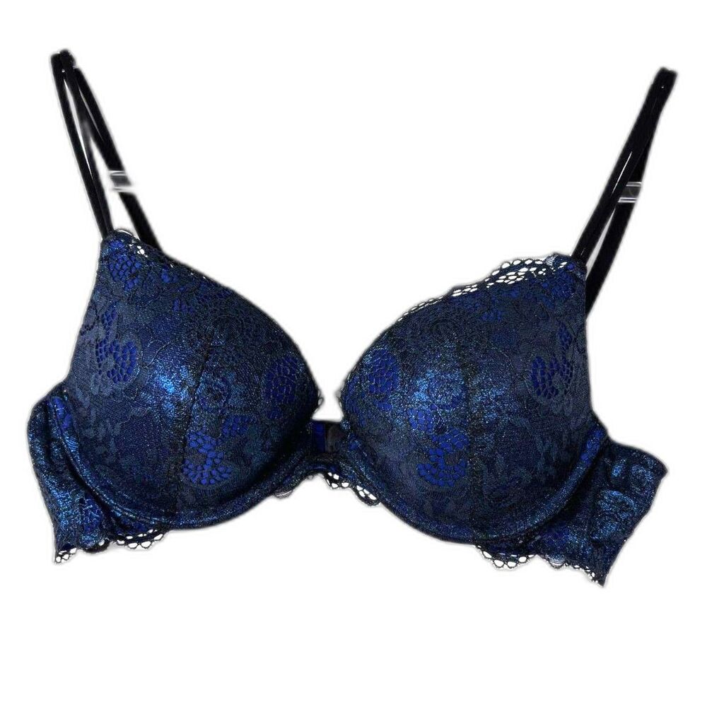 Victorias Secret Very Sexy Push Up Bra 36A Blue Metallic Teal Black Lace Shimmer
